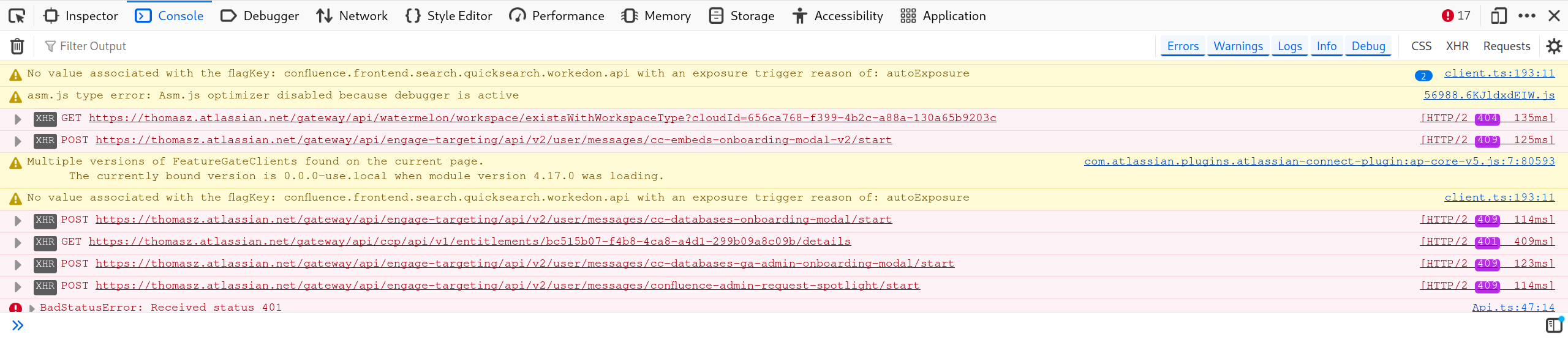 17 errors and many more warnings showing up in the browser's console